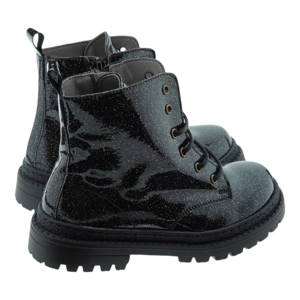 Botas niña Carrile | Estilo militar en charol negro con glitter foto 4