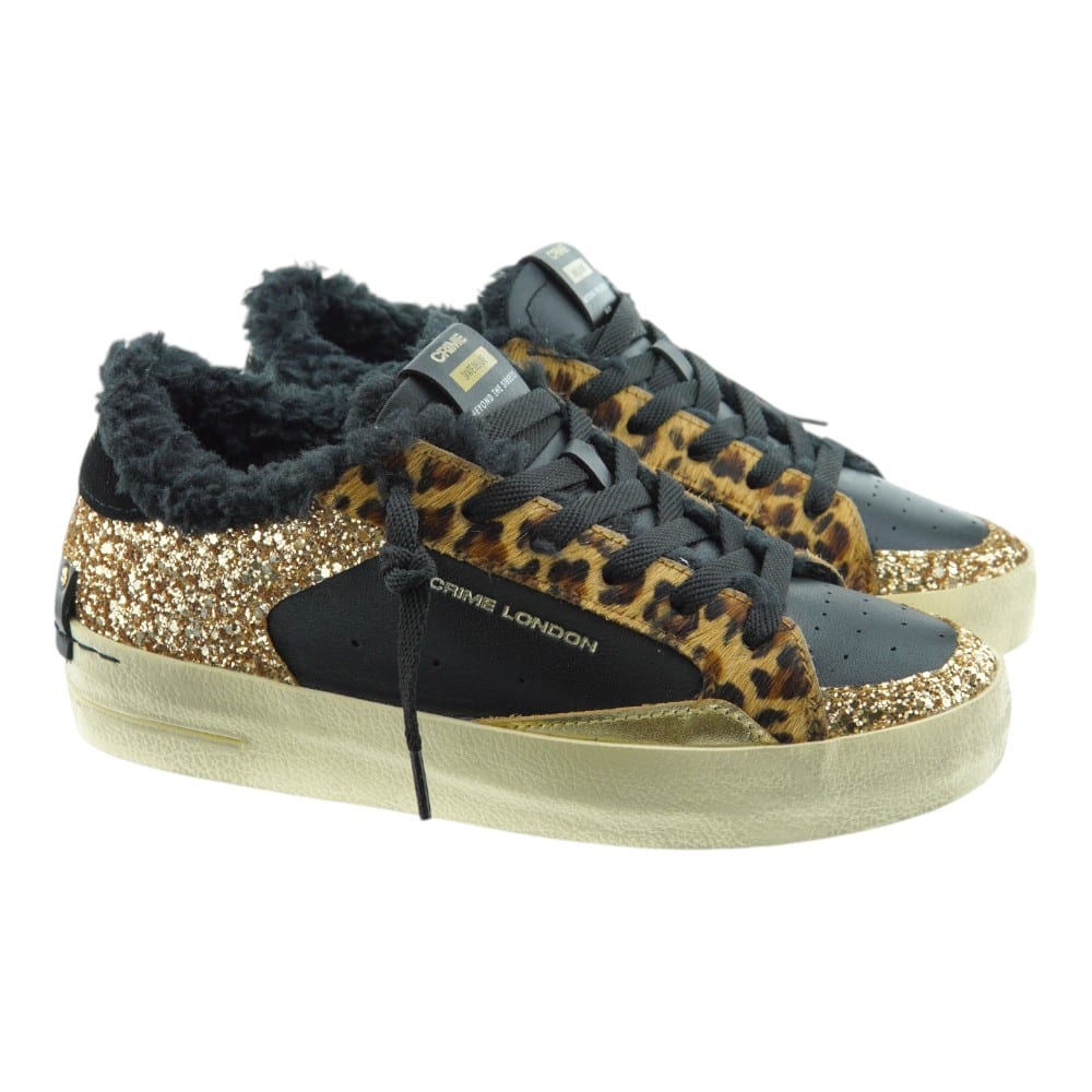 Zapatillas Crime London Glitter Dorado y Leopardo SK8 Deluxe